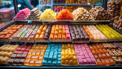 Obraz premium A colorful assortment of sweets displayed on ornate trays in a lively market.