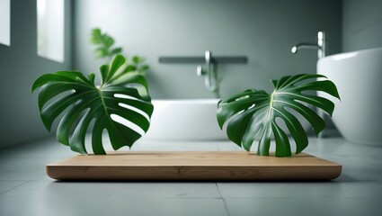 Wooden stand for bathing and spa products in the bathroom.