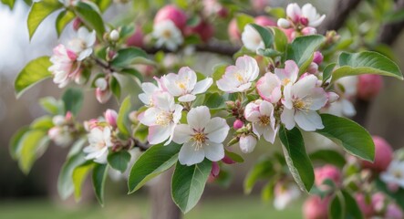 Fototapeta premium A garden tree is adorned with delicate white and pink apple blossoms.