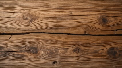 Wood texture background. Overhead view of an antique wooden table featuring cracks. Light brown surface of aged knotted wood with a natural hue.