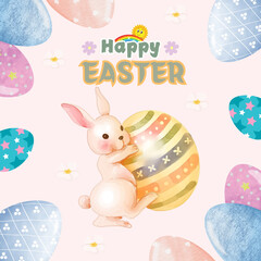 Cute Premium Calligraphy With Bunny and Eggs Easter Card Illustration Vector. Professional Easter Greeting Card Poster on Pink Background. Fun, Tradition, Family, Holiday, Easter Rabbit, Postcard