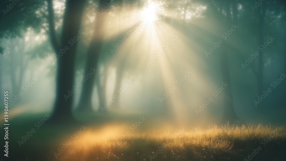 Poster ethereal morning light filtering through trees in a misty forest with blurred background and soft ra