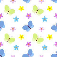 Seamless floral pattern. Colorful butterflies and flowers on a white background. Multi-colored background for decoration. Color flat vector illustration for textiles