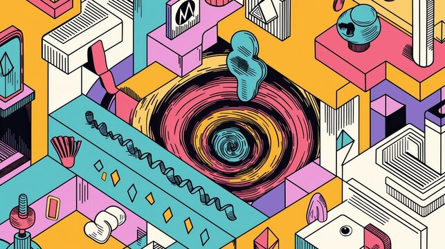 Fototapeta Abstract geometric cityscape with vibrant spiral vortex and modern architecture