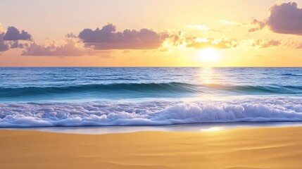 Obraz premium Breathtaking Golden Sunset Ocean View - Serene sunset, tranquil ocean waves, golden sand, peaceful sky, summer vibe. Symbolising: calmness, beauty, serenity, escape, tranquility