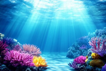 Naklejka premium Underwater Serenity: Vibrant Coral Reef - Discover a tranquil underwater world, symbolizing peace, beauty, nature, life, and wonder. Sunbeams illuminate colorful coral and marine life