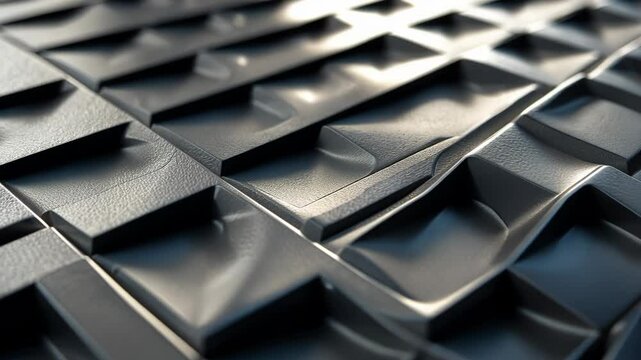 Close-up of piled tiles. Clay-formed tiles featuring a design with black paint, seamless background texture.