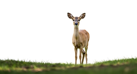 Elegant doe posing gracefully on a serene hilltop with a clean white background