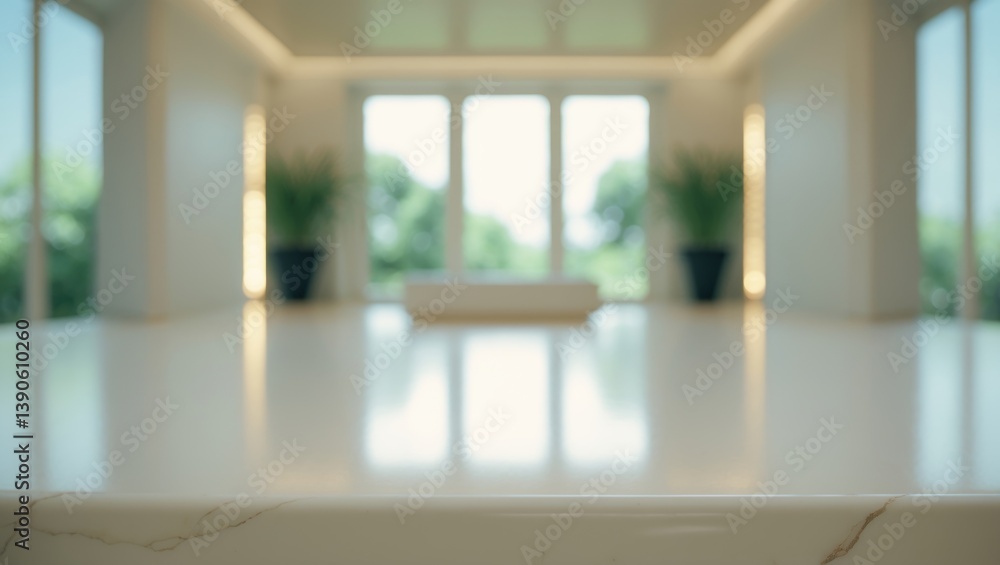 Poster wood table surface in a blurred vacant open area. abstract bokeh lighting in the background for desi