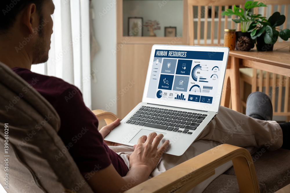 Sticker human resources management software on computer screen helping human resources employee to manage re