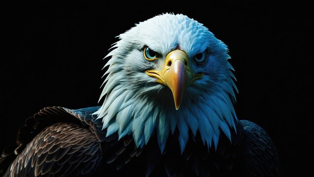 Bald eagle close-up portrait with an angry stare at the camera, surrounded by a black background and space for copy