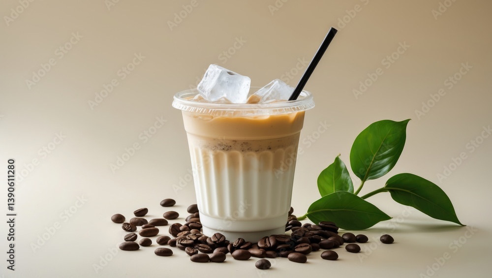 Poster refreshing iced latte in a recyclable plastic container with milk and ice set against a light backgr