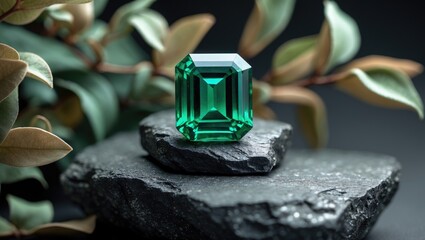 An emerald green gem resting on a stone and leaf