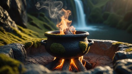 A dramatic and atmospheric shot of a cauldron steaming on a flickering fire.