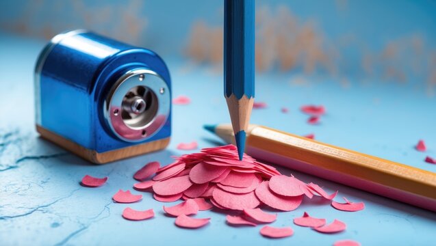 Wooden vibrant pencils alongside sharpening shavings.