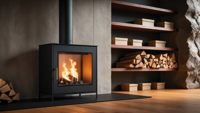 Wood burning stove with firewood ignited. Rack displaying firewood, fire tools, and briquettes.