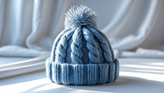 Soft wool bobble hat in blue, set against a white background