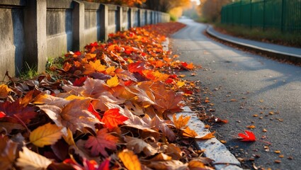 A colorful and substantial collection of leaves on the edge of a curvy road, creating a beautiful landscape