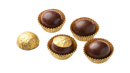 Chocolate balls in golden wrapping isolated on white, top view