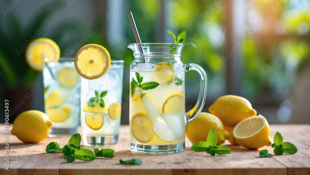 Aufkleber citrus lemonade in a pitcher and glasses, decorated with mint leaves and lemon slices, displayed on 