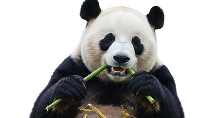 Delightful giant panda munching bamboo shoots isolated on white backdrop