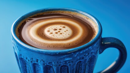 A close-up shot of a frothy coffee-filled blue mug positioned in front of a lively blue background.