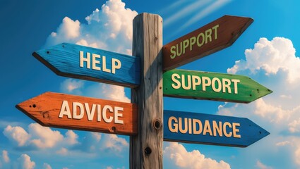Wooden signpost displaying four arrows - help, support, advice, guidance. Perfect for subjects like customer support, assistance, and business presentations.