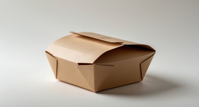 A brown paper food box that is closed and unlabeled