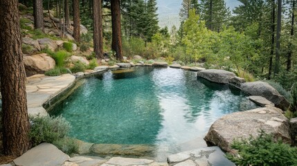 Naklejka premium Scenic Natural Pool Surrounded by Lush Greenery and Rocky Terrain in a Serene Forest Setting