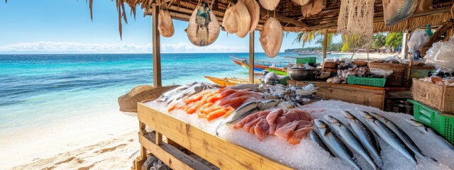 Fresh tuna market stand at a tropical beach selling seafood under a wooden hut Generative AI