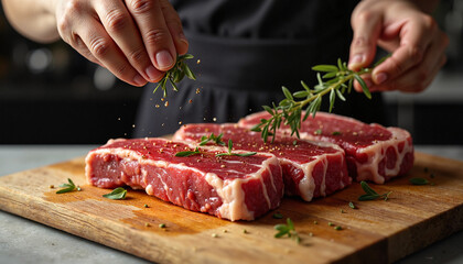 Chef seasoning raw beef steaks with herbs on a wooden cutting board