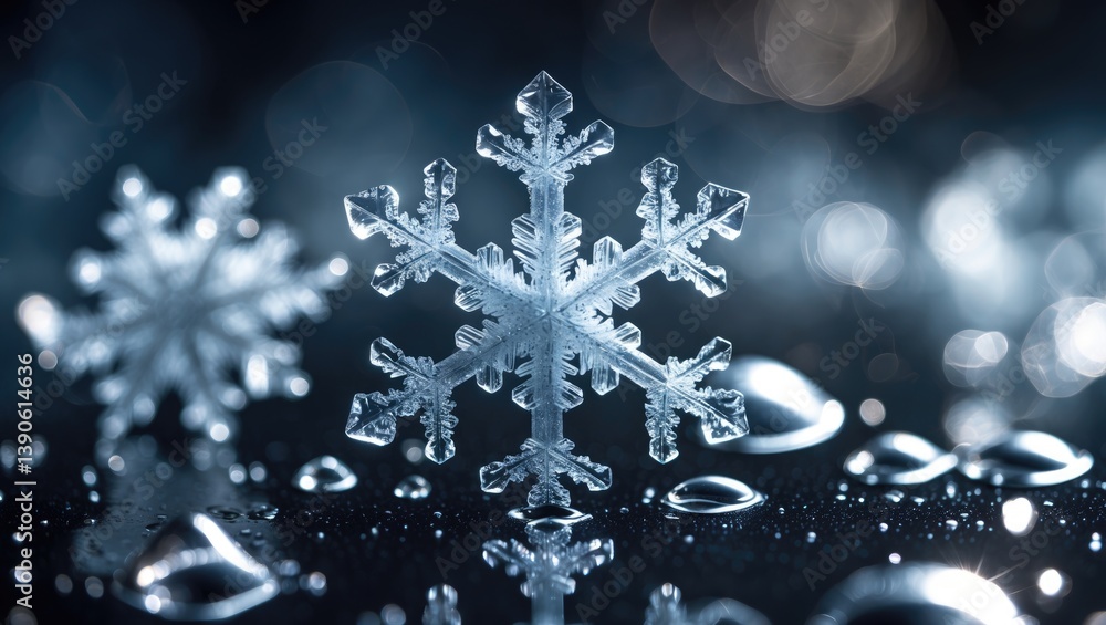 Poster in this close-up shot, a cluster of intricate snowflakes is displayed on a dark background, accentua