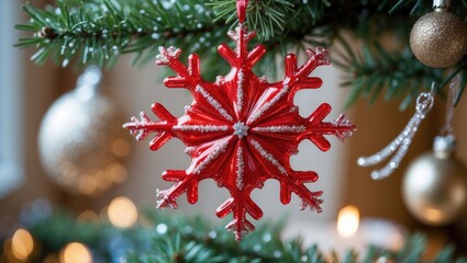 This close-up image highlights the glossy finish and detailed features of a red snowflake ornament.
