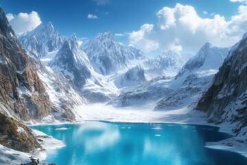 Obraz premium Snow-covered valley with bright blue glacial lake