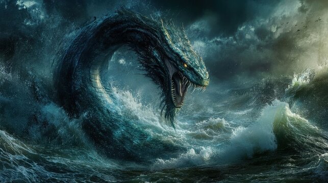 A serpentine sea creature emerges dramatically from turbulent ocean waters