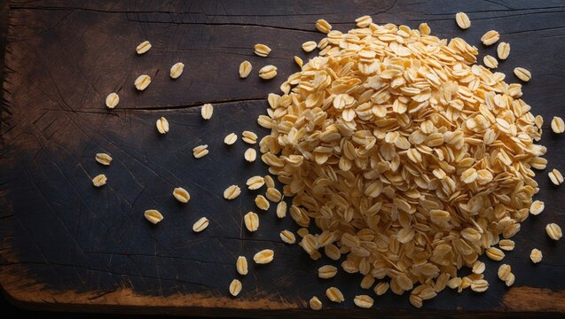Rolled oats stacked on a chopping board featuring texture and ample copy space.