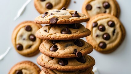 White background featuring chocolate chip cookies