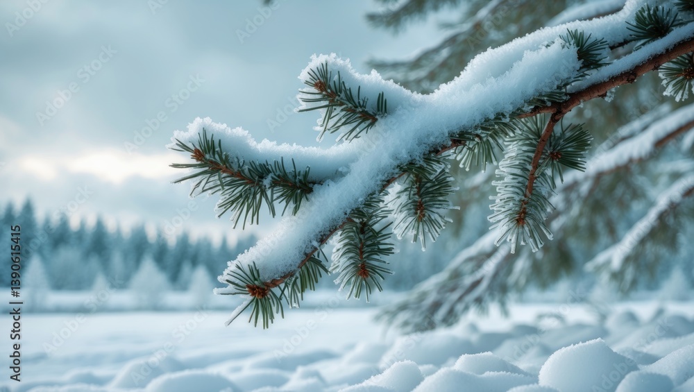 Poster a pine tree branch blanketed in snow and frost. winter design backdrop.