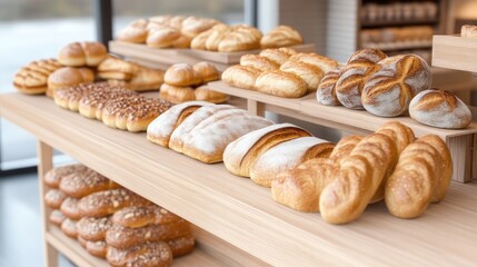 Freshly baked bread on display in a bakery.  Rows of various loaves, rolls, and pastries are arranged neatly on wooden shelves.  A modern bakery setting with natural light