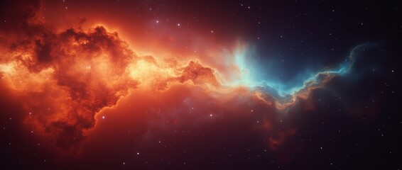 A striking bipolar nebula contrasts fiery orange and cool cyan blue regions, stretching across a star-studded cosmic canvas.