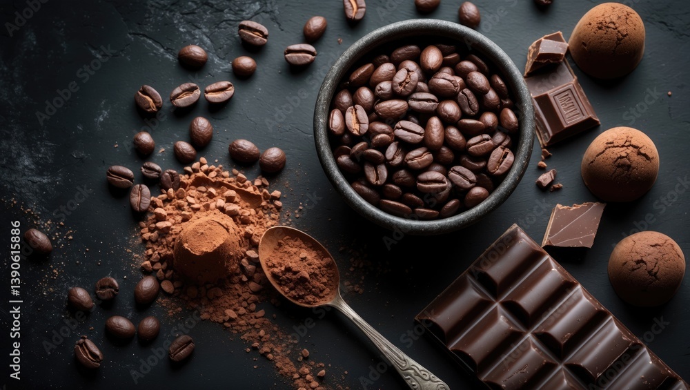 Poster Chocolate and cocoa idea. Cocoa powder in a spoon next to cocoa beans and broken pieces of chocolate on a dark background