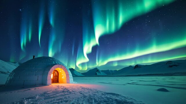 Aurora borealis. Winter mountains with northern lights. Snowy landscape showcasing glowing lights and an igloo.