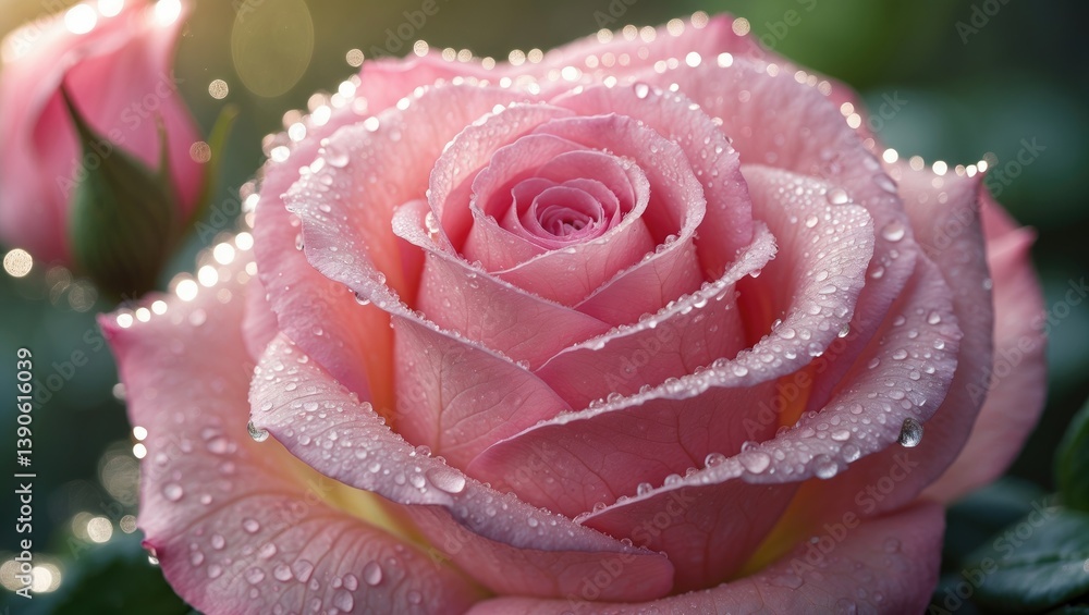 Poster a detailed shot showcasing the fragile charm of a pink rose petal adorned with shimmering dew drops.
