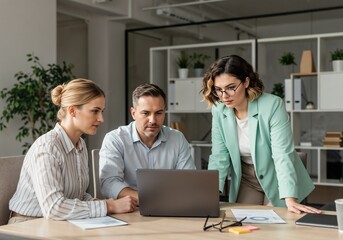 Fototapeta premium Teamwork at Office Three Business People Collaborating on Project