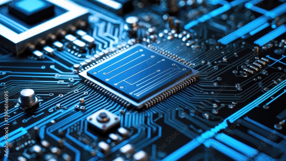 Poster digital chip on a motherboard in tech science