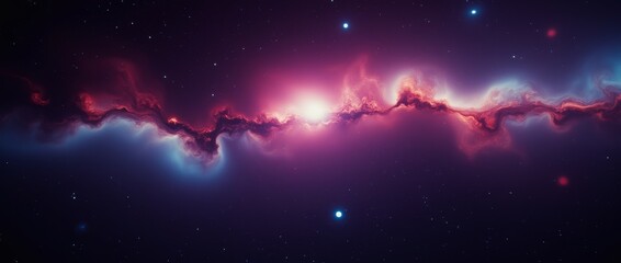 A vibrant, elongated nebula glows with pink, red, and blue hues, featuring a bright central region amidst a star-filled cosmos.