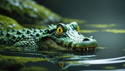 Fototapeta premium A juvenile crocodile in a traditional position, with its eyes visible above the water and its body beneath