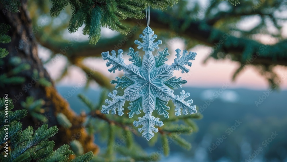 Poster an ornament resembling a frosty snowflake adds charm while hanging on a tree