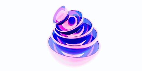 Abstract 3D Iridescent Stacked Circular Shapes on White Background