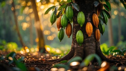 Bokeh scene highlighting a chocolate tree and its fruits